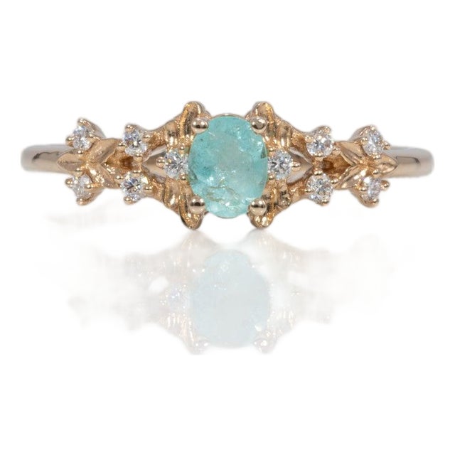 Paraiba Tourmaline Ring With Natural Diamond Accents in Solid 14k Gold, 5x3mm, Size 6.75 For Sale