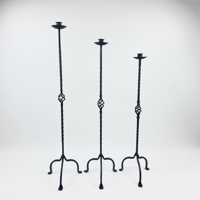 Black Hand Forged Iron Candelabra Set of 3 (101-121cm) Antique Copper Finish Heavy Rope Twist Stem with Openwork Cage Detail For Sale - Image 8 of 8