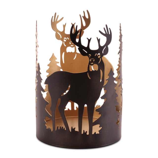 Contemporary Cut Metal Deer and Forest Candle Holder (Set of 2) For Sale - Image 3 of 5