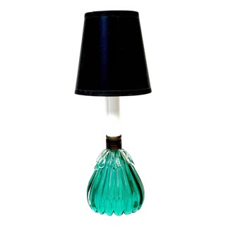 Mid 20th Century Archimede Seguso Murano Ribbed Emerald Green Glass Lamp Applied Crystal Collar For Sale