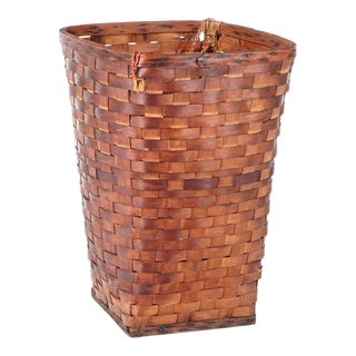 Vintage Splint Wood Laundry Basket With Woven Handles For Sale