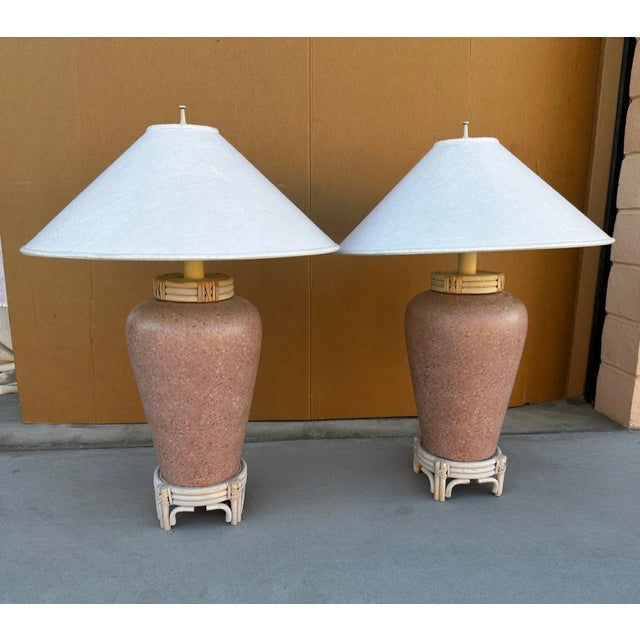 Postmodern Vintage Southwest Terra Cotta/Reed Detail Table Lamps- a Pair For Sale - Image 3 of 9