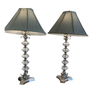 Pair of Neo Classical White Metal and Crystal Lamps For Sale