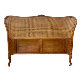 French Louis XV Style Walnut Headboard with Cane Panel and Carved Details, 1940 For Sale