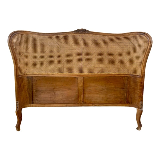French Louis XV Style Walnut Headboard with Cane Panel and Carved Details, 1940 For Sale