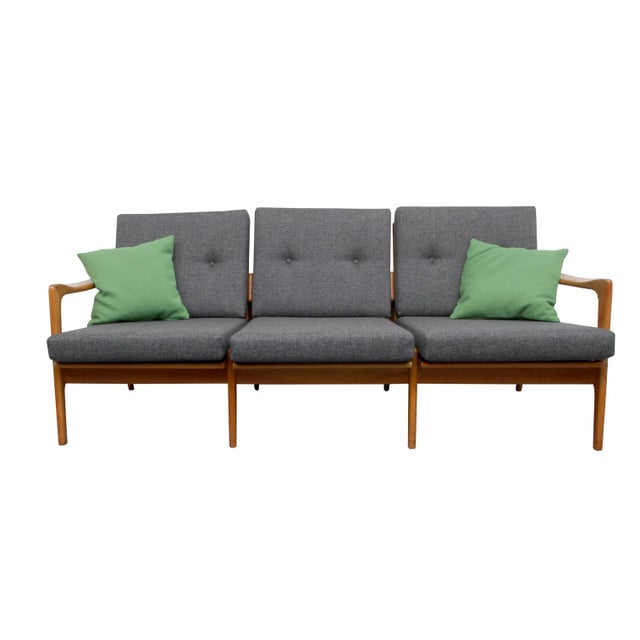 Cherry Wood Sofa with Green Cushions, 1960s For Sale - Image 11 of 11