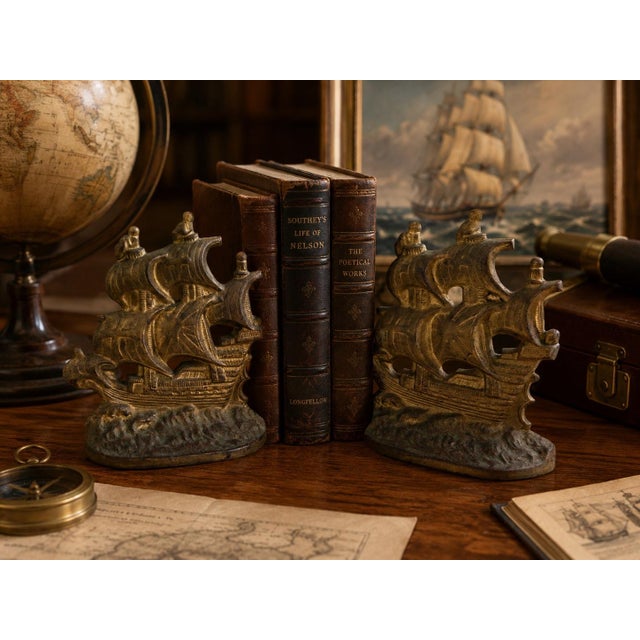 Bring timeless maritime elegance to your home library with this striking pair of vintage cast iron Spanish Galleon...