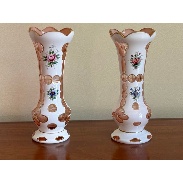 Pair of Antique Bohemian Cased Art Glass Vases White and Blush Pink Enamel Floral - 2 Pieces For Sale - Image 10 of 11
