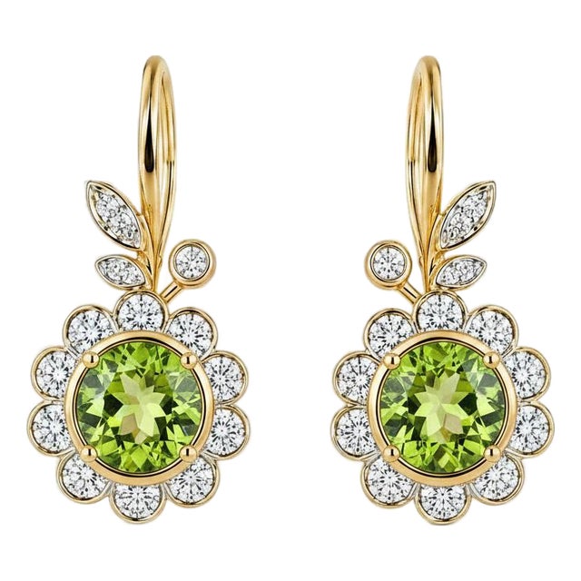 Art Nouveau Peridot Flower and Leaf Drop Earrings, Silver, Gold, Pair For Sale
