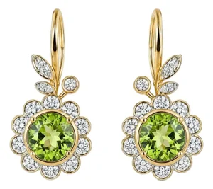 Art Nouveau Peridot Flower and Leaf Drop Earrings, Silver, Gold, Pair