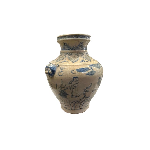 Vintage Handmade Light Tan Cream Base Blue Scenery Graphic Pottery Ceramic Vase For Sale - Image 4 of 6