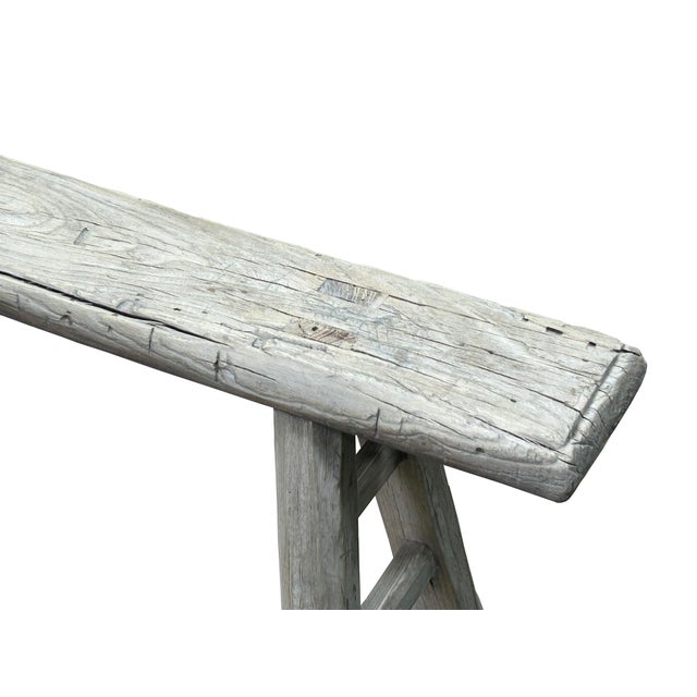 Tan Raw Rough Wood Grain Rectangle Long Slim Stool Bench Side Table For Sale - Image 8 of 9