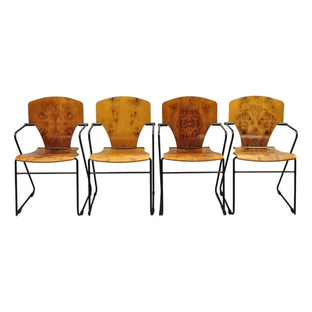 Josep Mora for Egoa Model 300 Mid Century Modern Burl Wood Arm Chair - Set of 4 For Sale