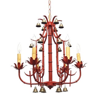 Fabulous Italian Tole Vintage Red Faux Bamboo Pagoda With Brass Bells Chandelier ~ Rewired ~ Restored ~ Rejuvenated For Sale