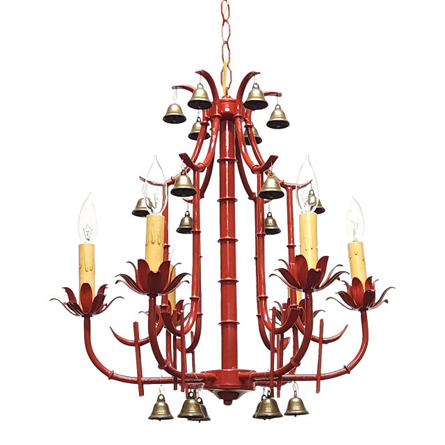 Fabulous Italian Tole Vintage Red Faux Bamboo Pagoda With Brass Bells Chandelier ~ Rewired ~ Restored ~ Rejuvenated For Sale