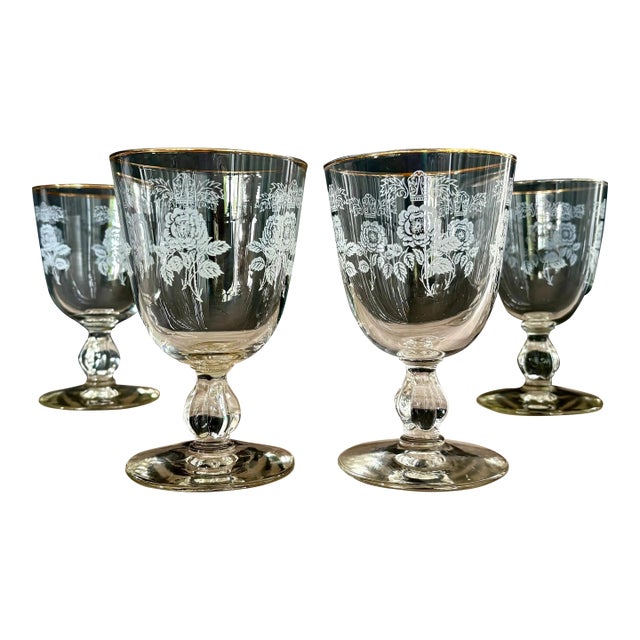 Vintage Queen Esther White Rose Pattern Goblets 5 1/2″ Tall - Set of 4 For Sale