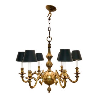 Vintage Solid Brass Six-Light Chandelier For Sale