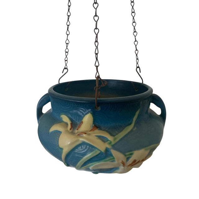 Figurative Circa 1946 Roseville Art Pottery Hanging Planter With Zephyr Lily Pattern For Sale - Image 3 of 7