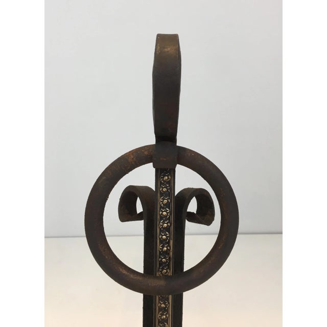 Arts & Crafts Modernist Wrought Iron and Brass Andirons, French, circa 1900 - A Pair For Sale - Image 3 of 13