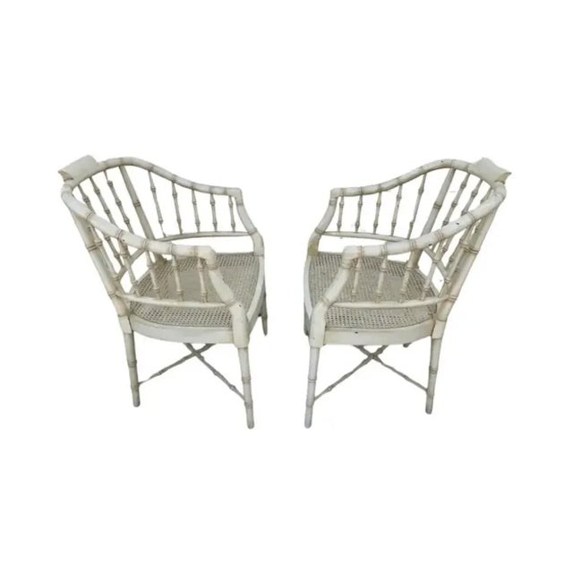 A Pair of Regency Style Faux Bamboo and Cane Armchairs For Sale - Image 4 of 8