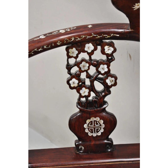 Vintage Chinese Carved Hardwood Corner Lounge Chair With Mother of Pearl Inlay For Sale - Image 9 of 10