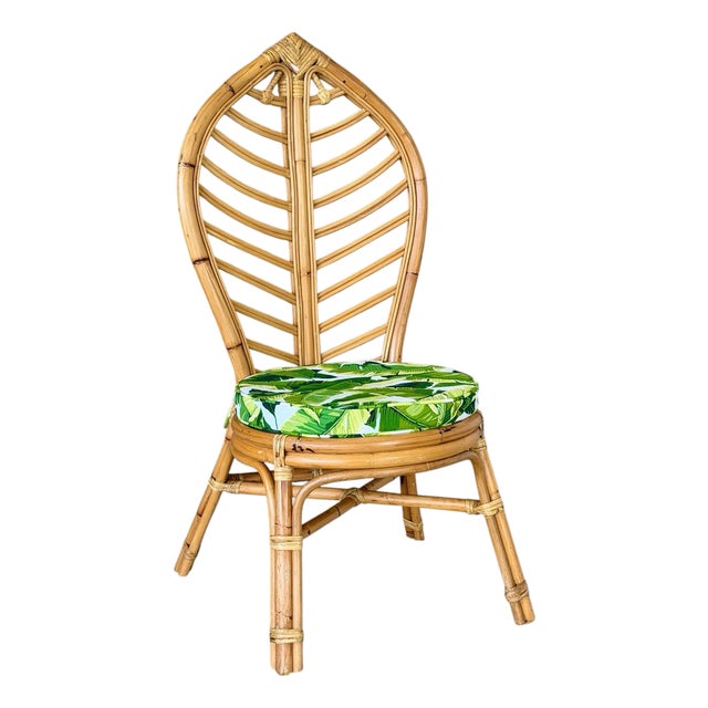 Vintage Coastal Boho Rattan Leaf Back Side Chair With Custom Tropical Cushion For Sale
