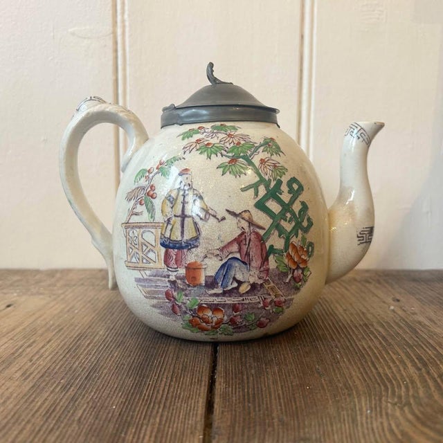 Ceramic Chinese Magdala Pattern Teapot with Pewter Lid For Sale - Image 7 of 7