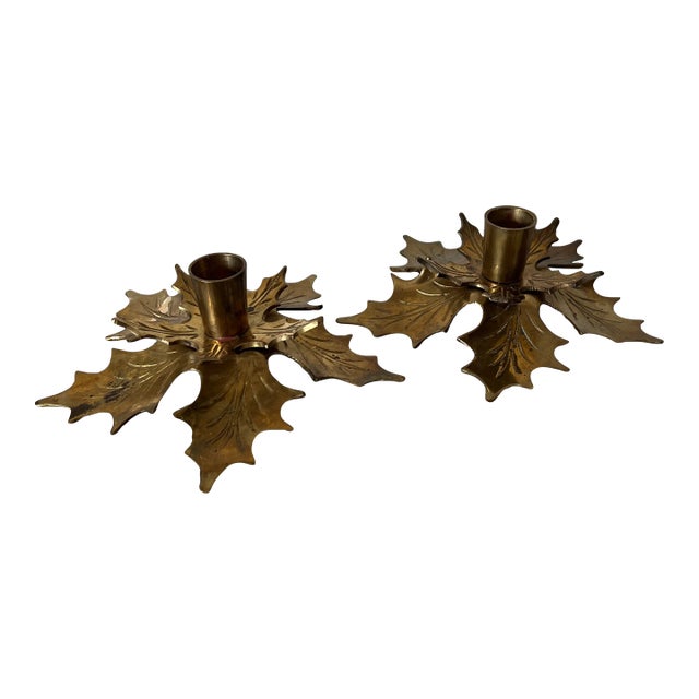 Mid 20th Century Brass Holly Candleholders - a Pair For Sale