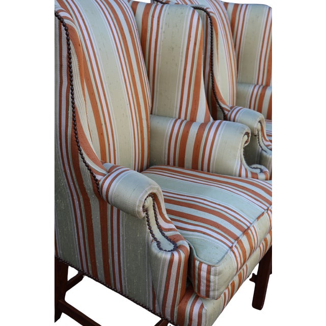 English Vintage Baker Furniture Celadon & Rust Striped Wingback Chairs With Nailhead Trim — Pair For Sale - Image 3 of 18