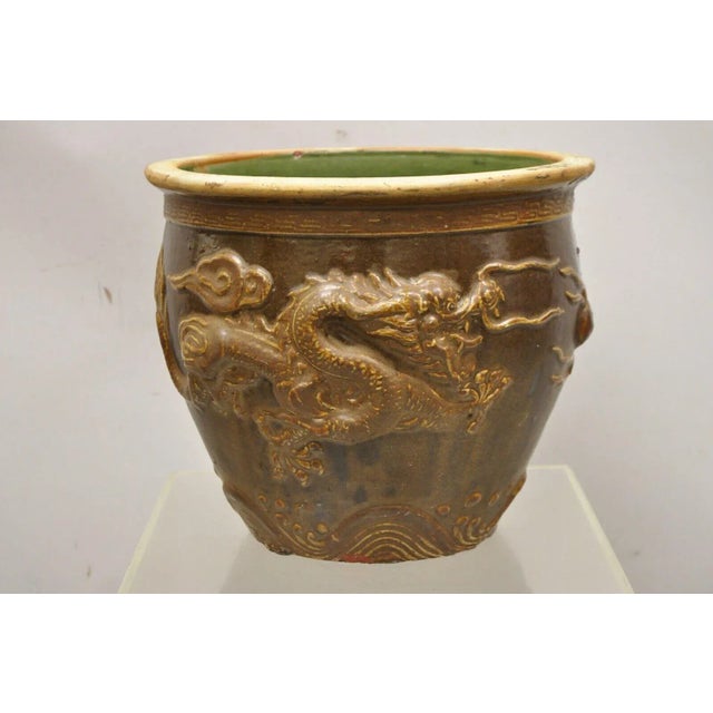 Chinese Vintage Chinese Brown Glazed Ceramic Dragon Cachepot Planter Pots - a Pair For Sale - Image 3 of 13
