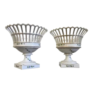 Early 19th Century French Empire Porcelain Reticulated Corbeille Centerpiece Decorated in Sprig - A Pair