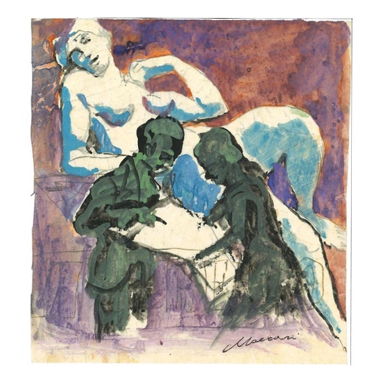 Mino Maccari, Couple, Nude, Mixed Media Drawing, 1960s For Sale