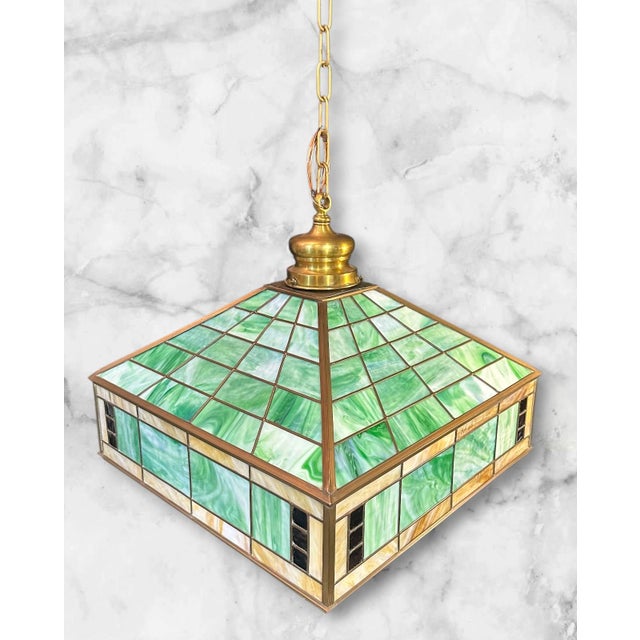 1930s Arts & Crafts Pendant Light With Green Glass For Sale In South Bend - Image 6 of 14