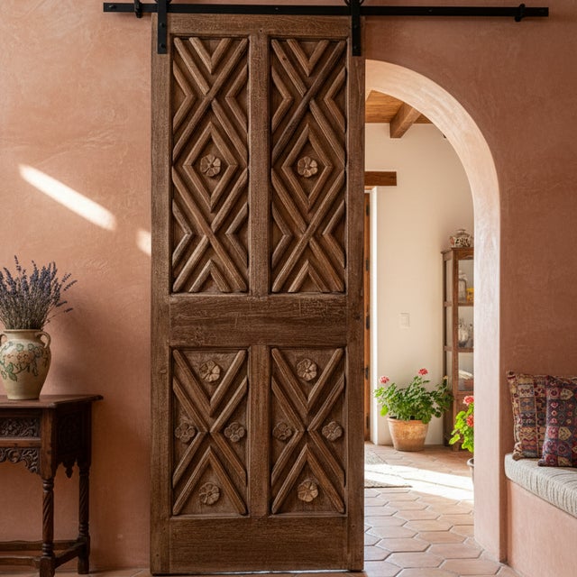 Mid-Century Modern Antique Rustic Geometric Chevron Hand-Carved Wooden Doors 80x30 For Sale - Image 3 of 7