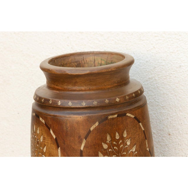 Brown Tall Antique Inlay Medallion Pot For Sale - Image 8 of 9