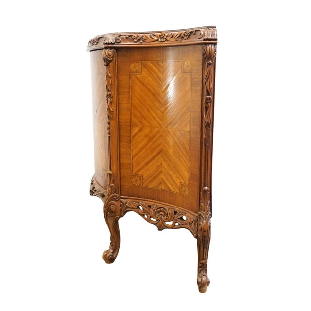 Brown Vintage Antique Banded Walnut French Louis XV Rococo Style 42" Carved Console W. Pastoral Inlay For Sale - Image 8 of 11