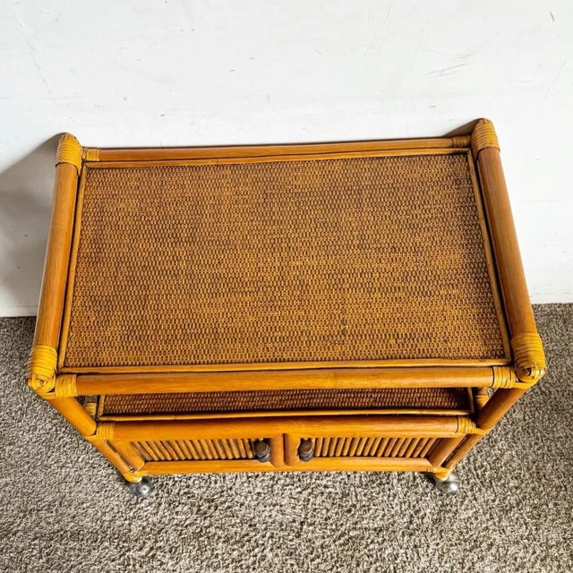 Boho Chic Boho Chic Bamboo Rattan and Wicker Bar Cart For Sale - Image 3 of 10