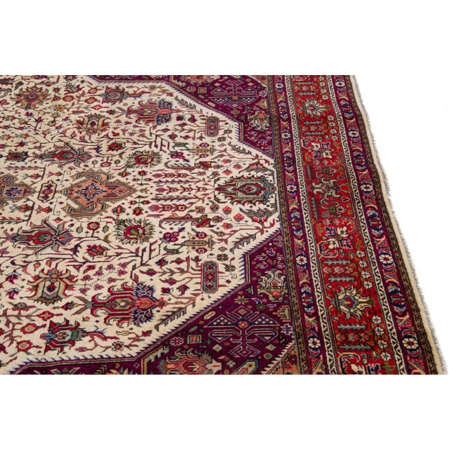 1920s Antique Tabriz Handmade Allover Designed Beige & Red Persian Wool Rug For Sale In New York - Image 6 of 13