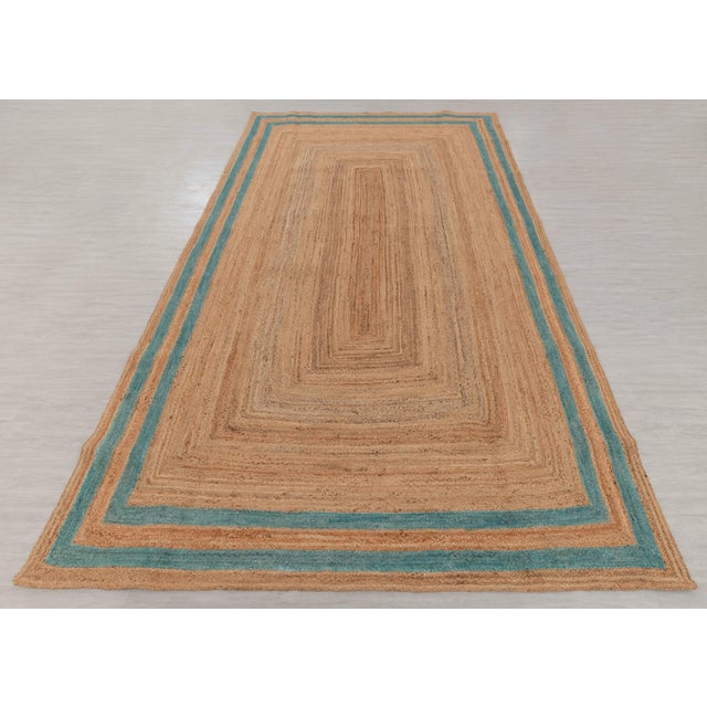 Turquoise Blue Double Border Rectangle Jute Handmade Rug 8'x10' Ft. For Sale - Image 4 of 13