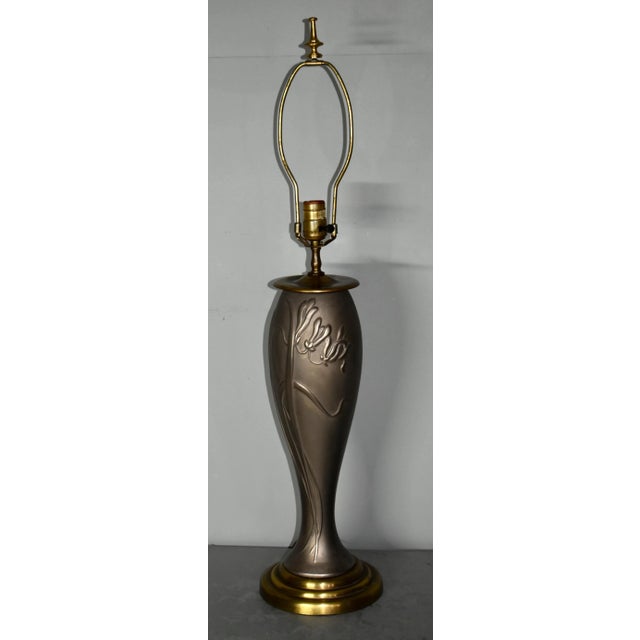 Vintage Art Nouveau Style Pewter Color & Brass Metal Table Lamp For Sale - Image 4 of 11