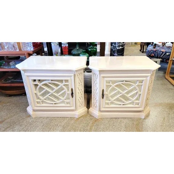 Pair of Mirrored Fretwork Chippendale Nightstands Hollywood Regency Style Cabinet style doors with a self inside Measure...