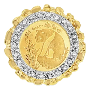 Panda Coin Ring with Diamond Halo 10k Yellow Gold, Size 3