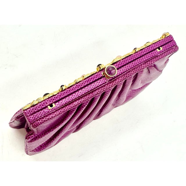 1990s Judith Leiber Karung SnakeSkin Fuschia Pink Handbag Pink Gemstones Clutch Shoulder Day Vintage For Sale - Image 10 of 12