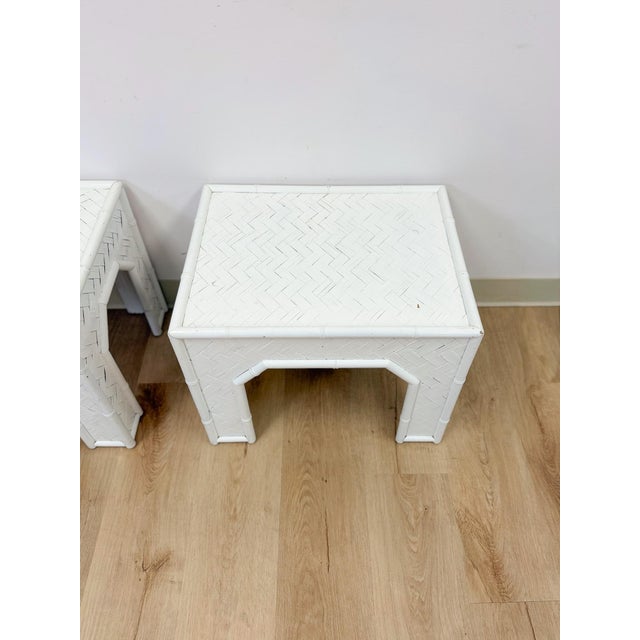 Paint Vintage Side Tables White Painted Parquet Faux Bamboo Regency Pair Accent Tables For Sale - Image 7 of 10