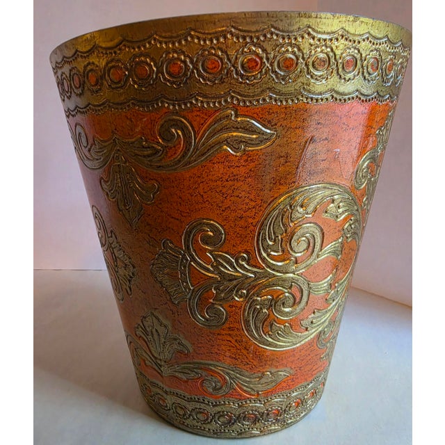 Hollywood Regency Florentine Vintage Giltwood Wastebasket Burnt Orange /Gold For Sale - Image 3 of 6