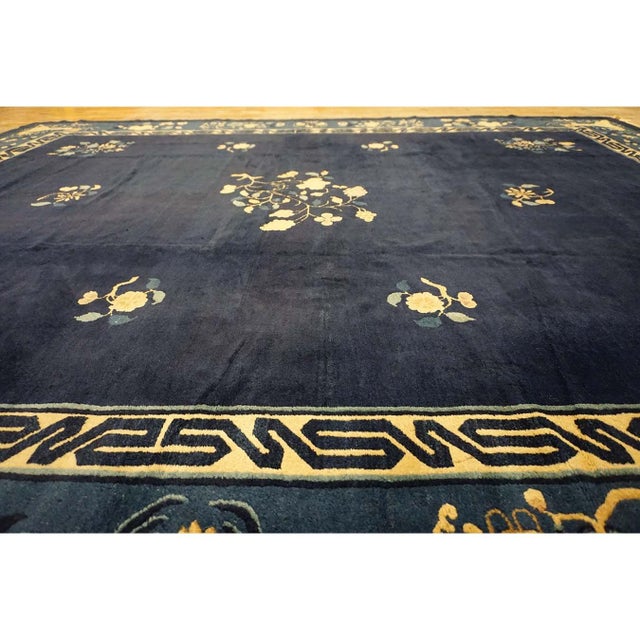 1920s Blue Navy Vase Floral Antique Chinese Peking Carpet Knotted Wool Deco Rug For Sale - Image 10 of 10