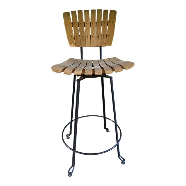 1963 Mid Century Modern Arthur Umanoff Swivel Counter Stool, Slat Back Bent Wood For Sale