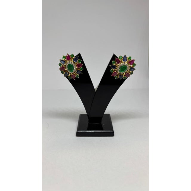 Emerald Natural Emerald, Ruby, Sapphire, & Diamond Earring in 14k Gold For Sale - Image 8 of 8