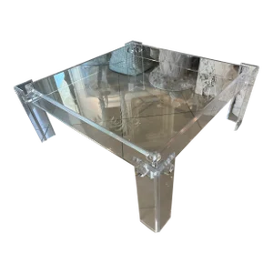 Vintage 1970s Square Lucite Peg Coffee Cocktail Table Inset Glass Top