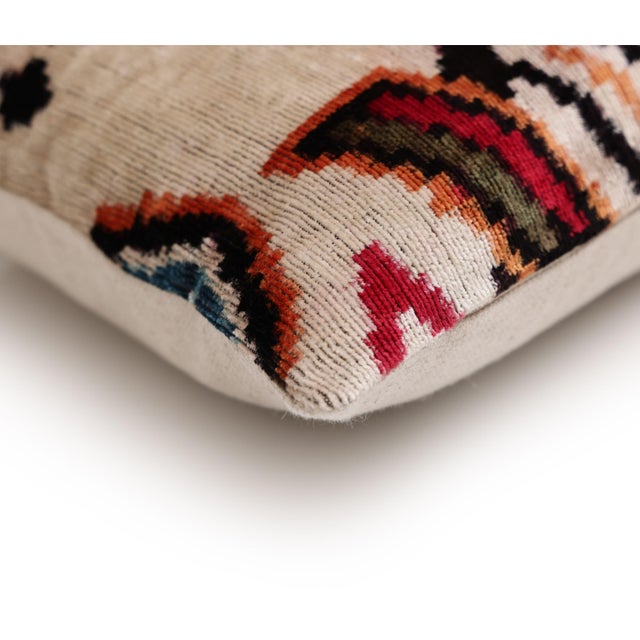 Mid-Century Modern Hand-Knotted Tribal Geometric Silk Velvet Lumbar - 16x24 Red & Black For Sale - Image 3 of 8